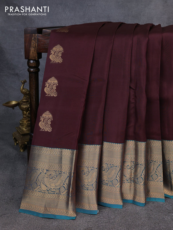 Kanchipuram silk saree coffee brown and teal green with zari woven buttas and long rich zari woven border