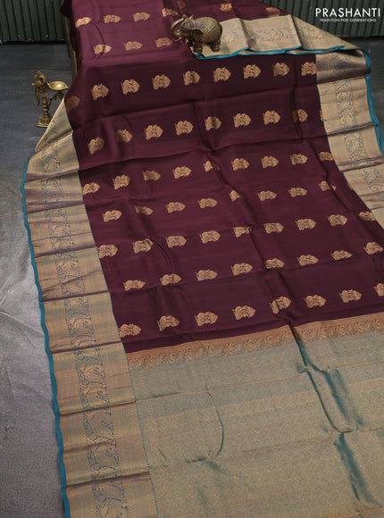 Kanchipuram silk saree coffee brown and teal green with zari woven buttas and long rich zari woven border