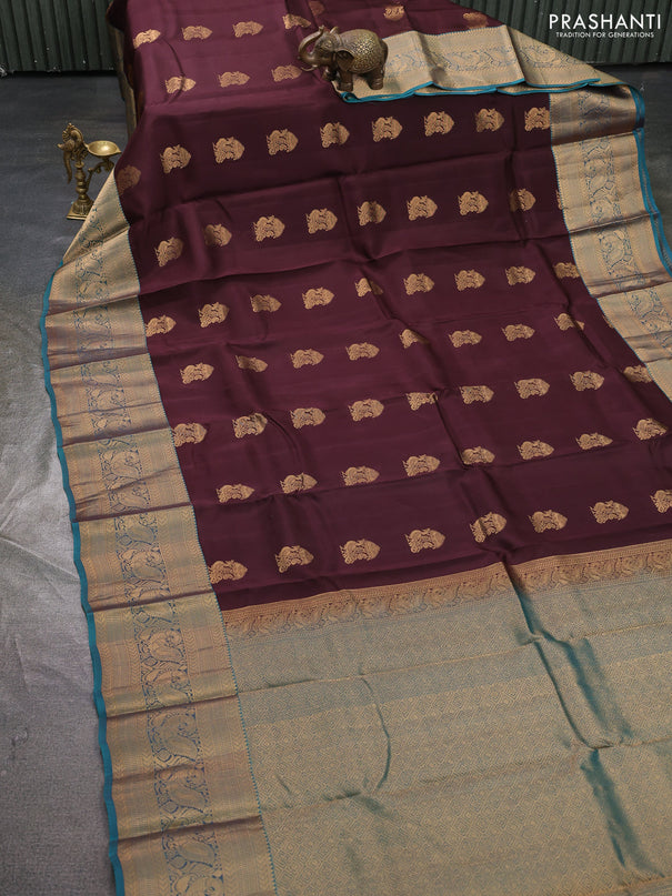 Kanchipuram silk saree coffee brown and teal green with zari woven buttas and long rich zari woven border