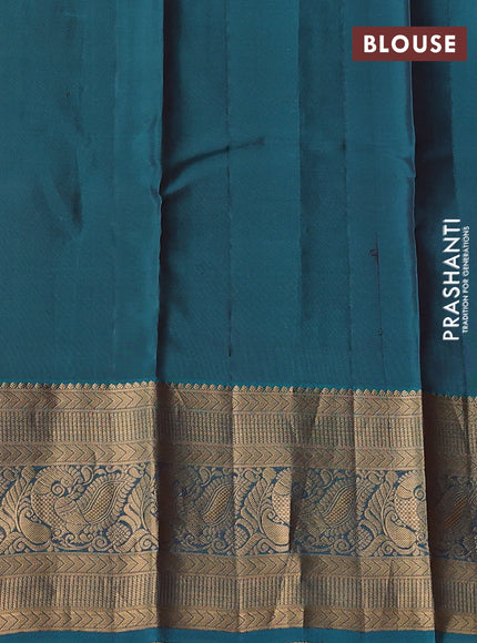 Kanchipuram silk saree coffee brown and teal green with zari woven buttas and long rich zari woven border