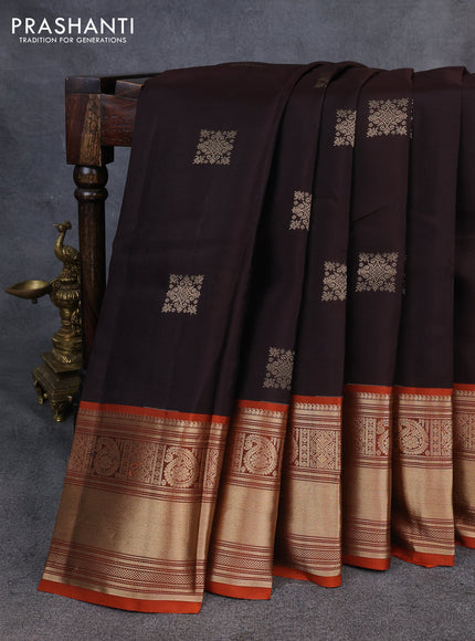 Kanchipuram silk saree coffee brown and orange with zari woven buttas and long rich zari woven border