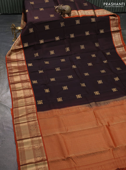 Kanchipuram silk saree coffee brown and orange with zari woven buttas and long rich zari woven border