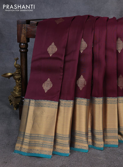 Kanchipuram silk saree wine shade and green with zari woven buttas and long rich zari woven border