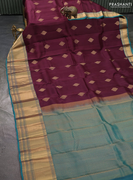 Kanchipuram silk saree wine shade and green with zari woven buttas and long rich zari woven border