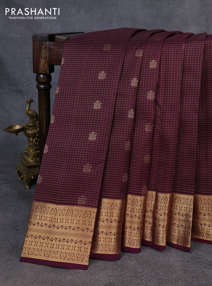 Kanchipuram silk saree wine shade and teal blue with allover zari checks & buttas and zari woven border