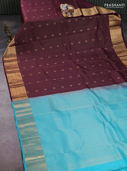 Kanchipuram silk saree wine shade and teal blue with allover zari checks & buttas and zari woven border