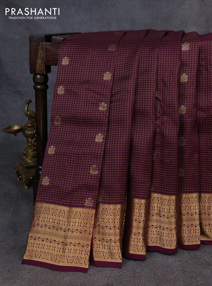 Kanchipuram silk saree wine shade with allover zari checks & buttas and zari woven border