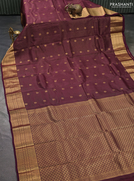 Kanchipuram silk saree wine shade with allover zari checks & buttas and zari woven border