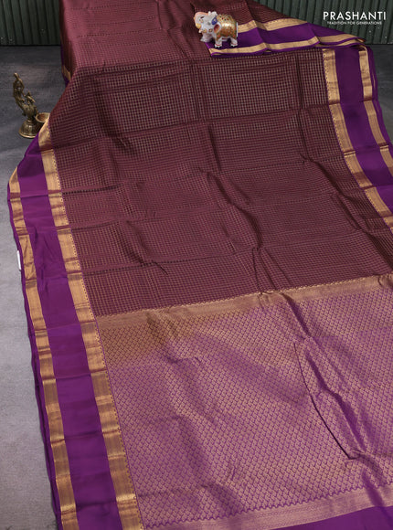 Kanchipuram silk saree deep wine shade and purple with allover zari checked pattern and rettapet zari woven border