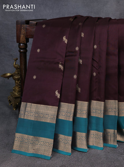 Kanchipuram silk saree coffee brown and teal green with zari woven buttas and rettapet zari woven border