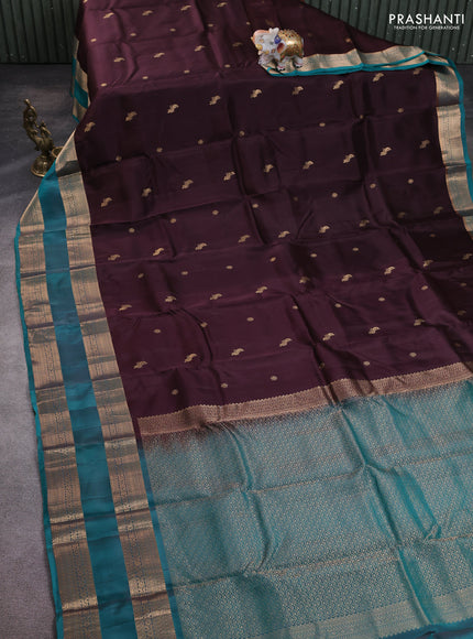Kanchipuram silk saree coffee brown and teal green with zari woven buttas and rettapet zari woven border