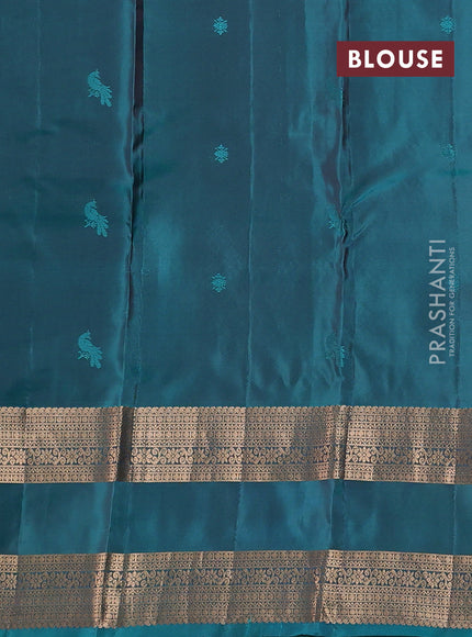 Kanchipuram silk saree coffee brown and teal green with zari woven buttas and rettapet zari woven border