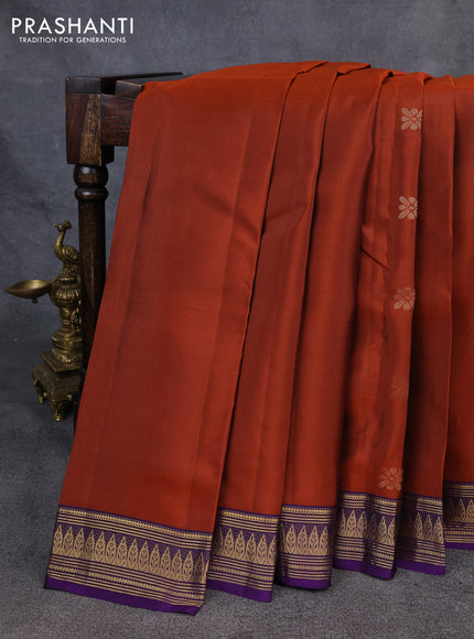 Kanchipuram silk saree rustic orange and violet with zari woven buttas and zari woven border