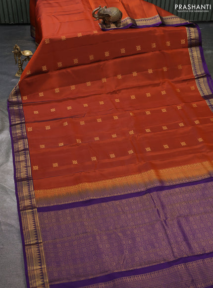 Kanchipuram silk saree rustic orange and violet with zari woven buttas and zari woven border