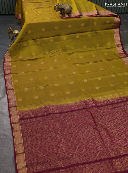 Kanchipuram silk saree mehendi green and wine shade with zari woven buttas and zari woven border