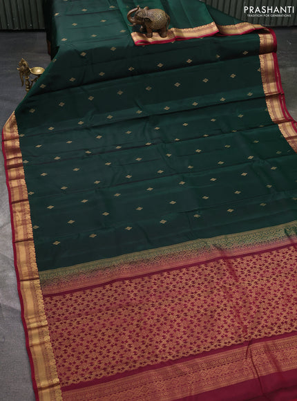 Kanchipuram silk saree bottle green and wine shade with zari woven buttas and zari woven border