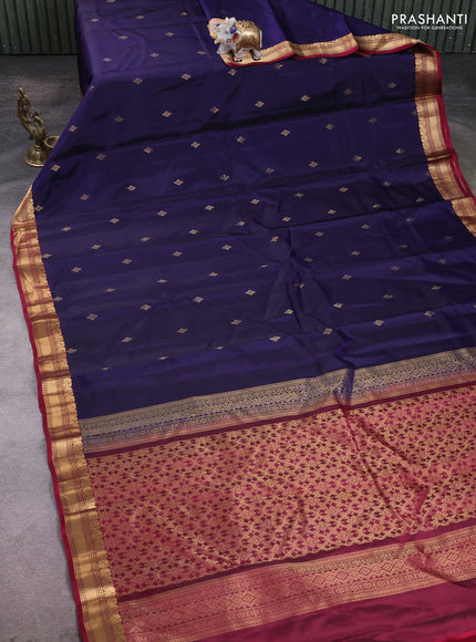 Kanchipuram silk saree navy blue and wine shade with zari woven buttas and zari woven border