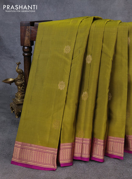 Kanchipuram silk saree mehendi green and purple with zari woven buttas and zari woven border