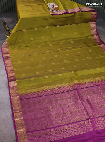 Kanchipuram silk saree mehendi green and purple with zari woven buttas and zari woven border