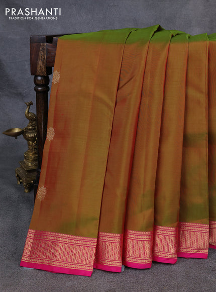 Kanchipuram silk saree mustard green and pink with zari woven buttas and zari woven border