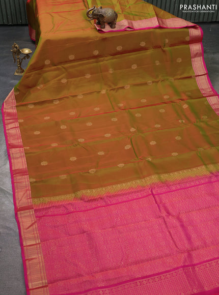 Kanchipuram silk saree mustard green and pink with zari woven buttas and zari woven border