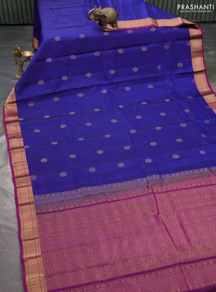 Kanchipuram silk saree blue and magenta pink with zari woven buttas and zari woven border