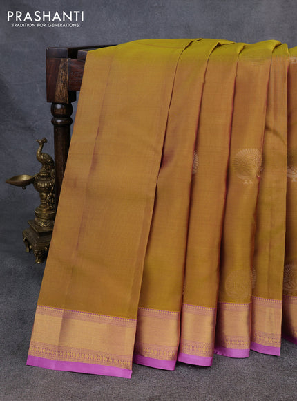 Kanchipuram silk saree mustard green and lavender with zari woven buttas and rich zari woven border