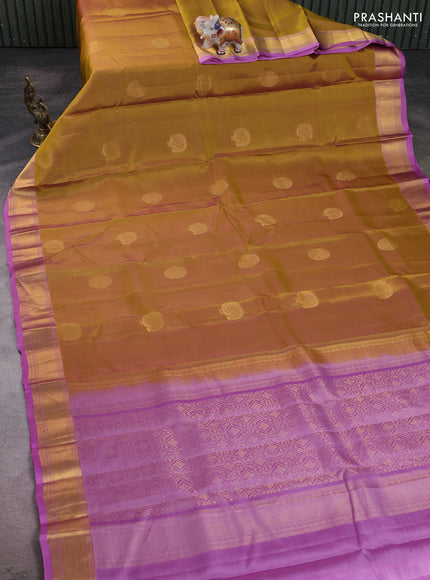 Kanchipuram silk saree mustard green and lavender with zari woven buttas and rich zari woven border