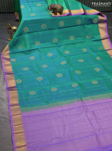 Kanchipuram silk saree dual shade of green and lavender with zari woven buttas and rich zari woven border