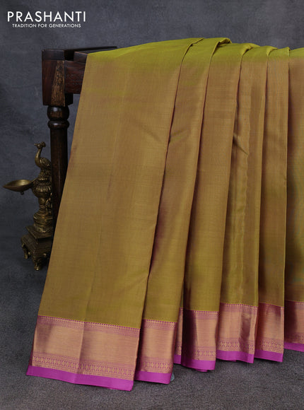 Kanchipuram silk saree mustard green and pink shade with zari woven buttas and rich zari woven border
