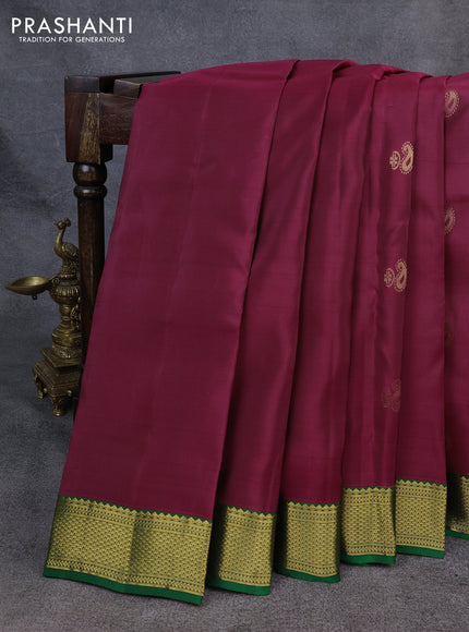 Kanchipuram silk saree wine shade and green with zari woven buttas and zari woven border