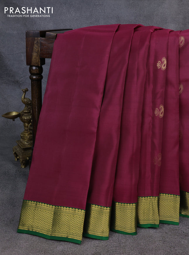 Kanchipuram silk saree wine shade and green with zari woven buttas and zari woven border