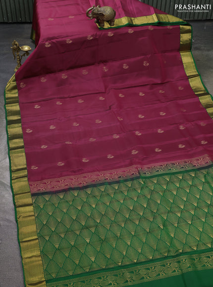 Kanchipuram silk saree wine shade and green with zari woven buttas and zari woven border