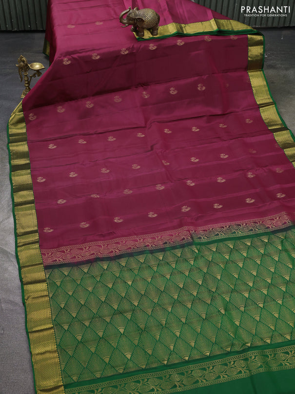 Kanchipuram silk saree wine shade and green with zari woven buttas and zari woven border
