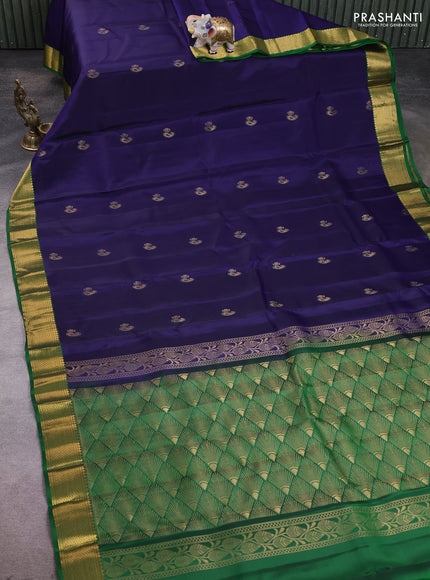Kanchipuram silk saree navy blue and green with zari woven buttas and zari woven border