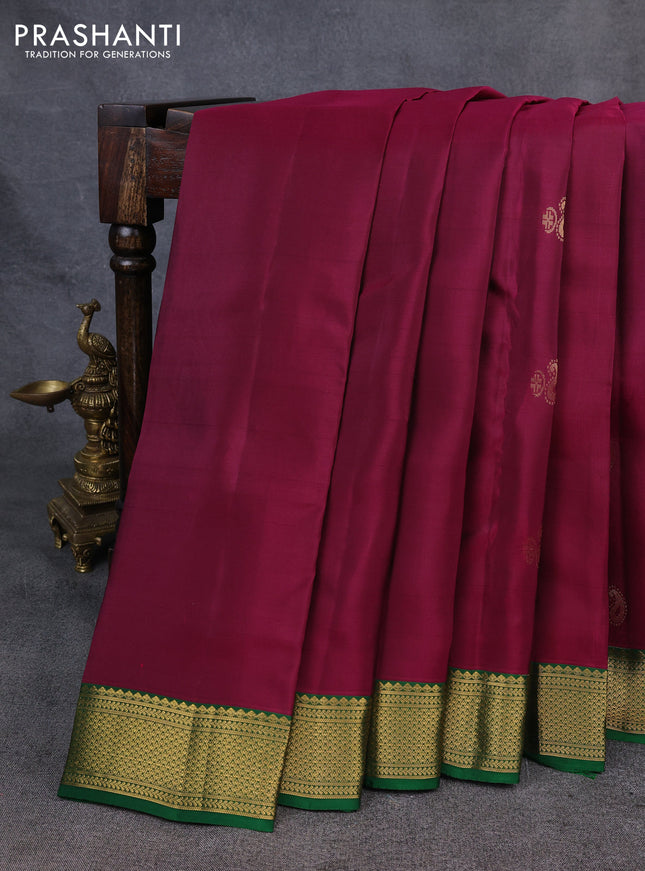 Kanchipuram silk saree wine shade and green with zari woven buttas and zari woven border