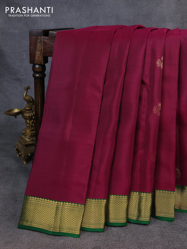 Kanchipuram silk saree wine shade and green with zari woven buttas and zari woven border