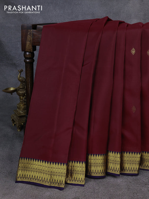 Kanchipuram silk saree deep maroon and navy blue with zari woven buttas and zari woven korvai border