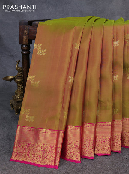 Kanchipuram silk saree mustard green and pink with zari woven buttas and long zari woven korvai border