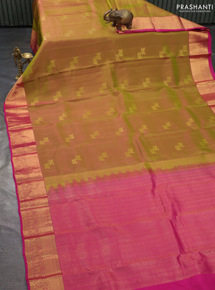 Kanchipuram silk saree mustard green and pink with zari woven buttas and long zari woven korvai border
