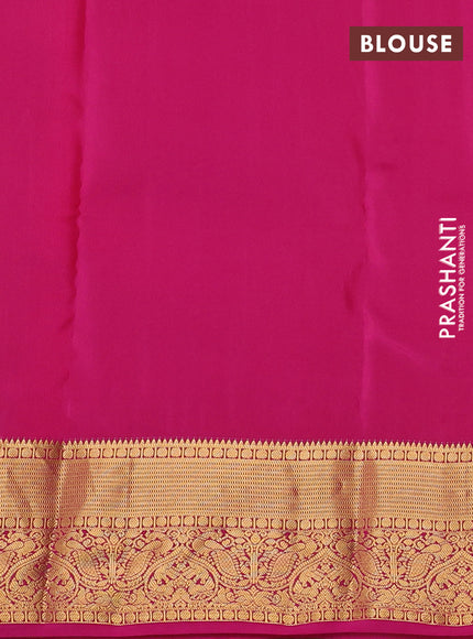 Kanchipuram silk saree mustard green and pink with zari woven buttas and long zari woven korvai border