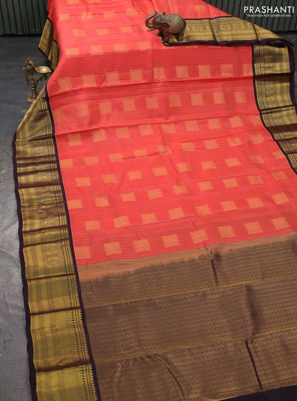 Kanchipuram silk saree orange and wine shade with allover zari stripe & buttas and long zari woven korvai border