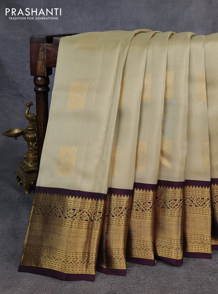 Kanchipuram silk saree elachi green and deep wine with zari woven buttas and long zari woven korvai border