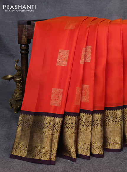 Kanchipuram silk saree orange and deep wine with zari woven buttas and long zari woven korvai border