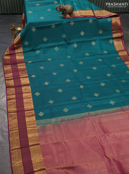 Kanchipuram silk saree peacock green and dark magenta pink with zari woven buttas and zari woven border