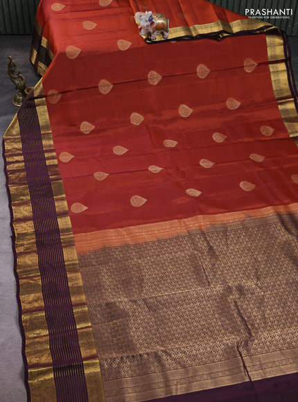 Kanchipuram silk saree rustic orange and wine shade with zari woven buttas and long zari woven border