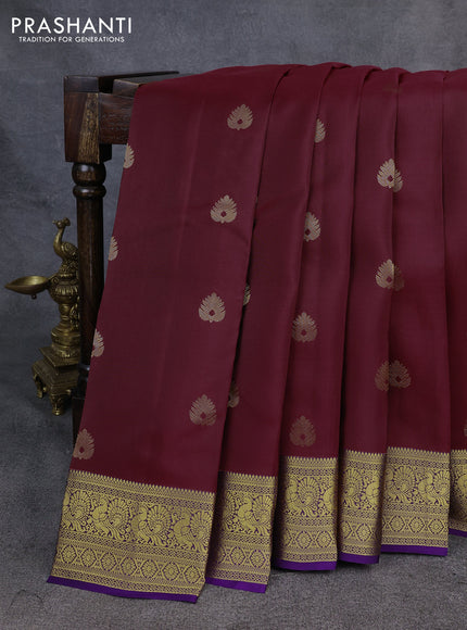 Kanchipuram silk saree maroon and violet with zari woven buttas and zari woven korvai border