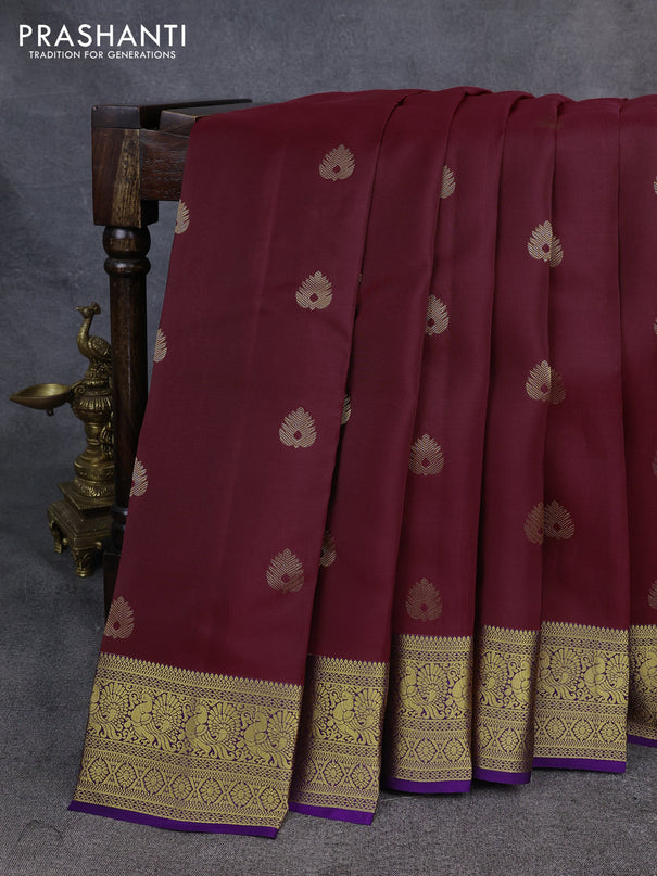Kanchipuram silk saree maroon and violet with zari woven buttas and zari woven korvai border