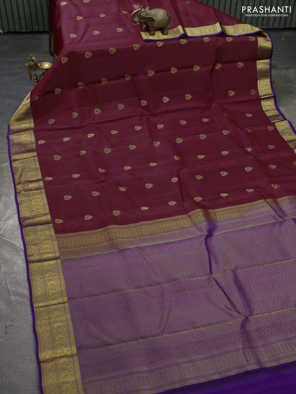Kanchipuram silk saree maroon and violet with zari woven buttas and zari woven korvai border
