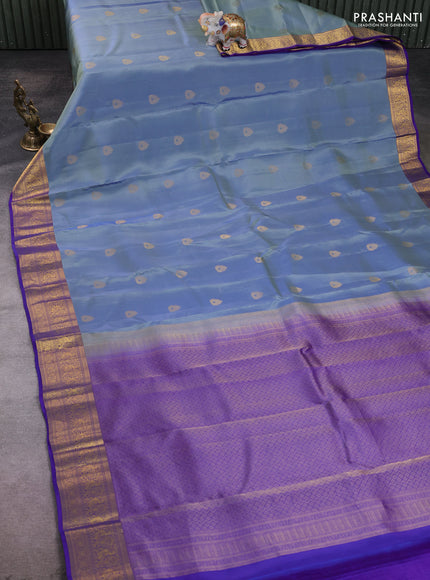 Kanchipuram silk saree bluish grey and violet with zari woven buttas and zari woven korvai border